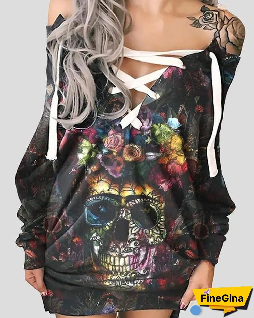 Halloween Off-The-Shoulder Printed Skull Casual Dress