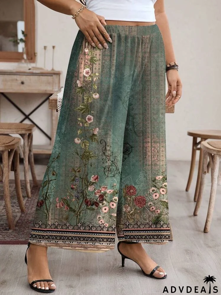Plus Size Women's Retro Floral Print Straight Wide-Legged Loose Capri Pants, Casual