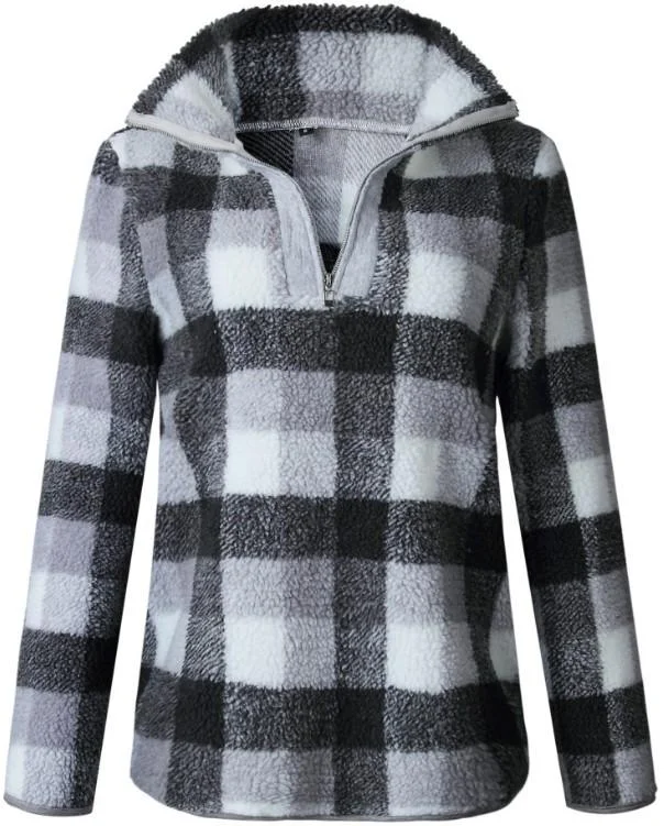 Band Collar Zipper Gingham Plaid Sweater/Sweatshirt