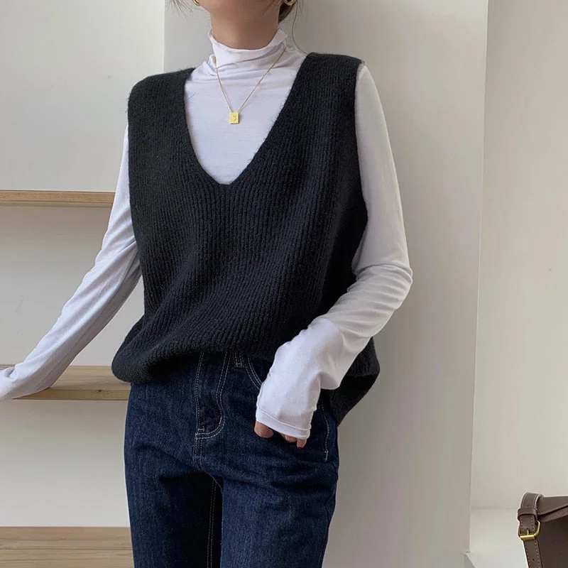 Sleeveless Knitted Sweater Vest Women Autumn Winter 2021 Loose Cashmere Pullover Women Sweaters Vintage V-neck Jumper Vest 16798