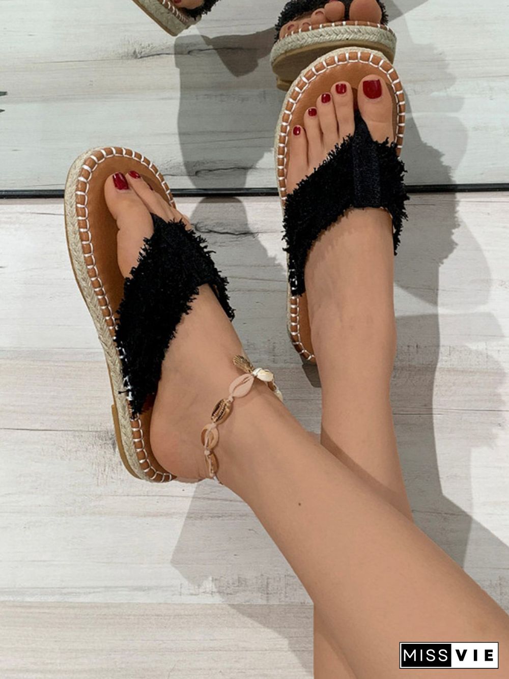 Distressed Denim Fringe Straw Bottom Flip Flops