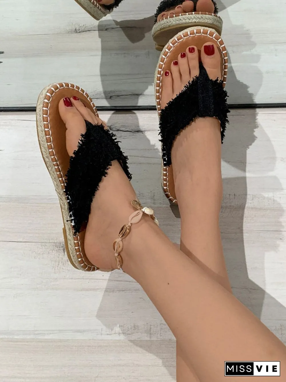 Distressed Denim Fringe Straw Bottom Flip Flops