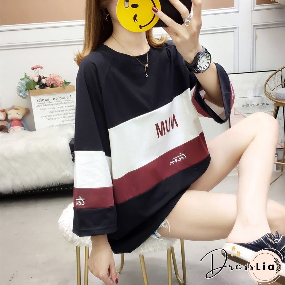 Summer Print Stripe T Shirt Women Long Sleeve Casual Elegant Ladies Tops O Neck Student Clothes Korean Street Wear New
