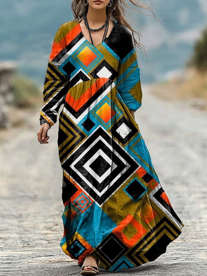 Women's Retro  Geometric  Art Print Pocket Cotton Dress