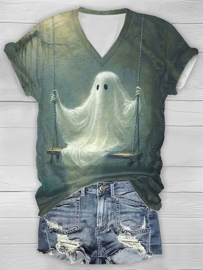 Women's Casual Ghost Art Print Short Sleeve T-Shirt