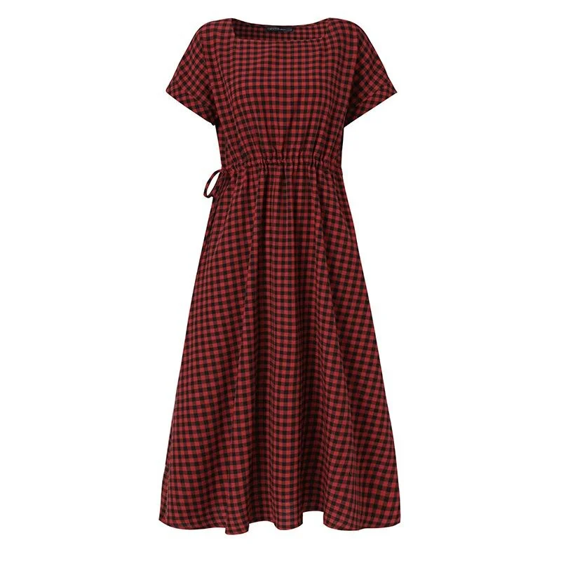 ZANZEA Vintage Women Plaid Checked Midi Dress Summer Elegant Square Neck Short Sleeve Sundress Party Vestidos  Femme