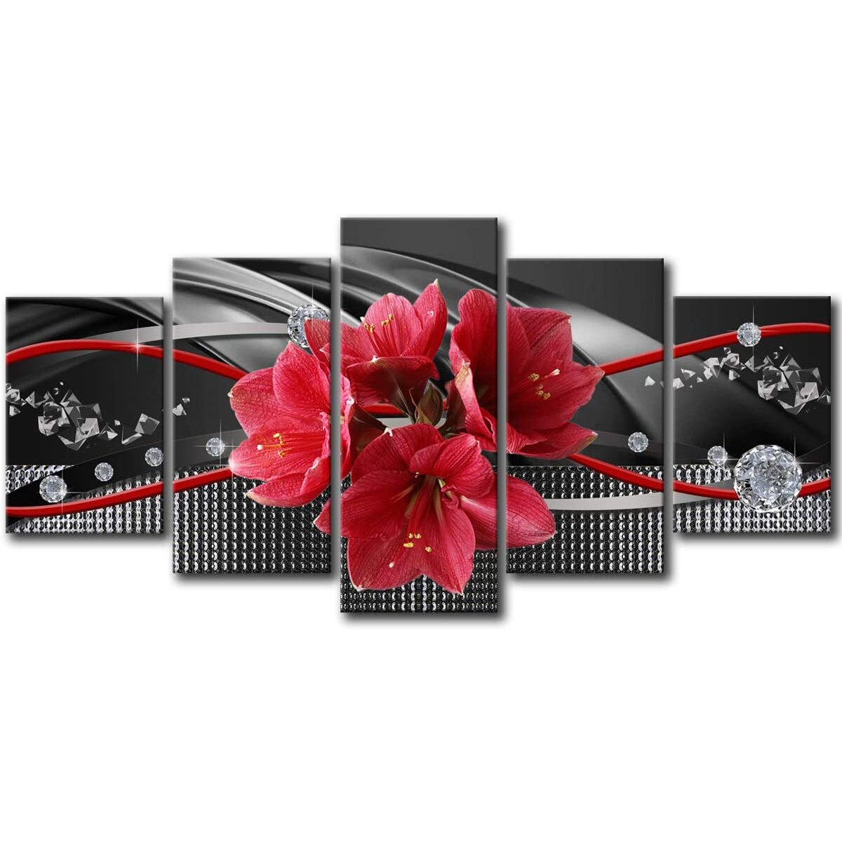Unframed 5 Panel Abstract Diamond Red Flower Canvas HD Print Posters Wall Art Picture Paintings for Living Room Home Decor