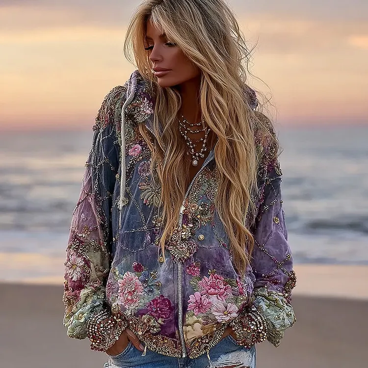 Women's Bohemian Geometric Floral Gradient Zip-up Hoodie