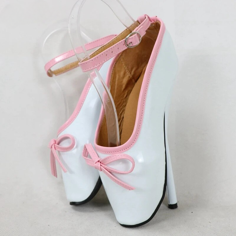 VCSHOES Lovely White Ballet Shoes High Heel Stilettos Cute Pink Knot Thin Ankle Strap Round Toe Fetish Bdsm Heeled Shoes