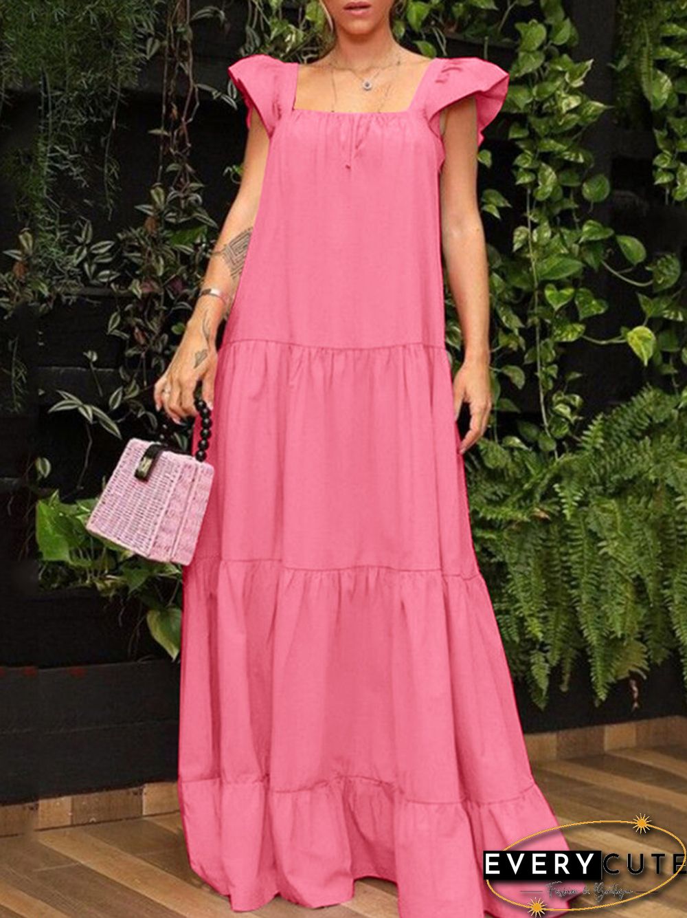 Solid Ruffle Backless Square Collar Casual Maxi Dress