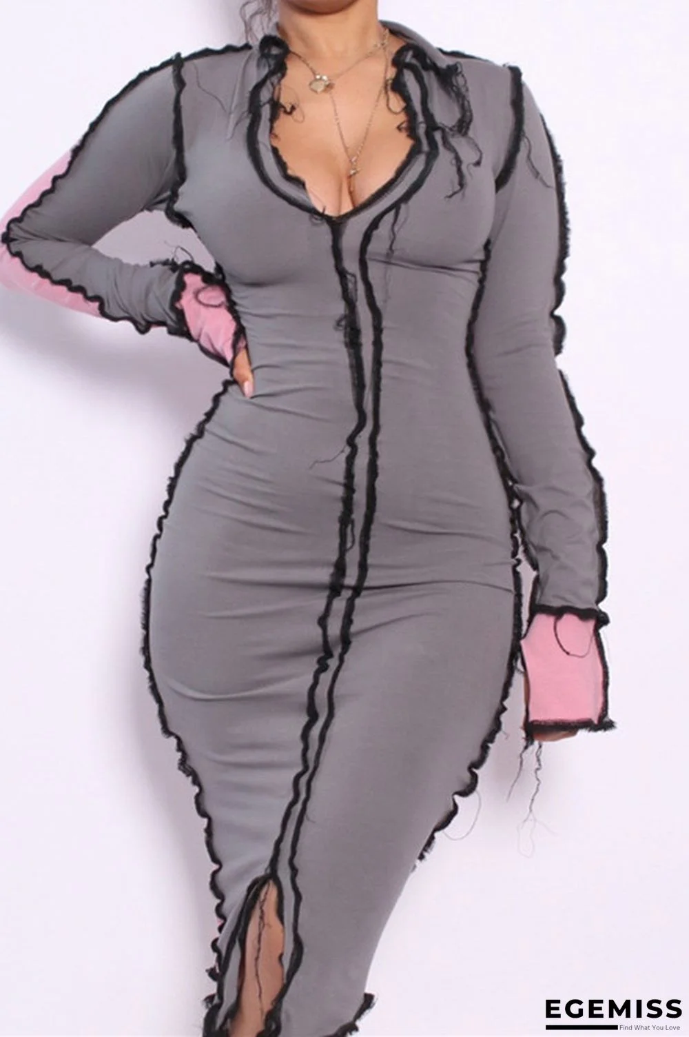 Grey Fashion Sexy Solid Patchwork V Neck Long Sleeve Dresses | EGEMISS