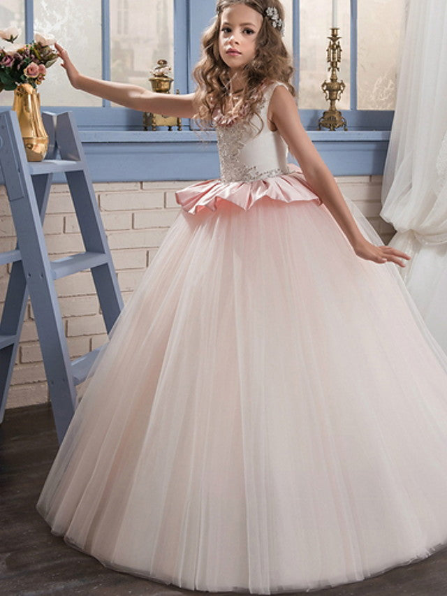 Oknass Ball Gown Sleeveless Jewel Neck Flower Girl Dresses Poly With Lace Ruffles Tier