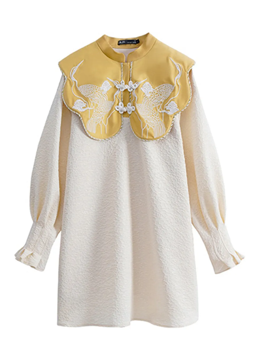 Chinese Style Yellow Stand Collar Embroideried Button Mid Dress Long Sleeve