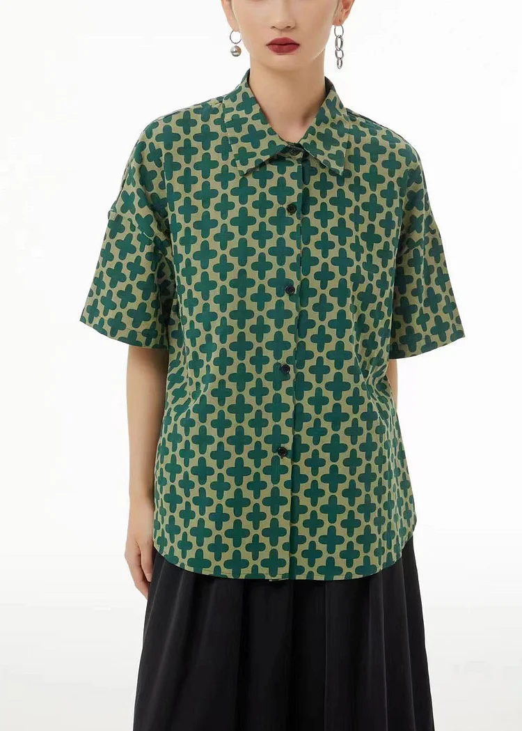 Modern Green Peter Pan Collar Print Cotton Shirt Summer