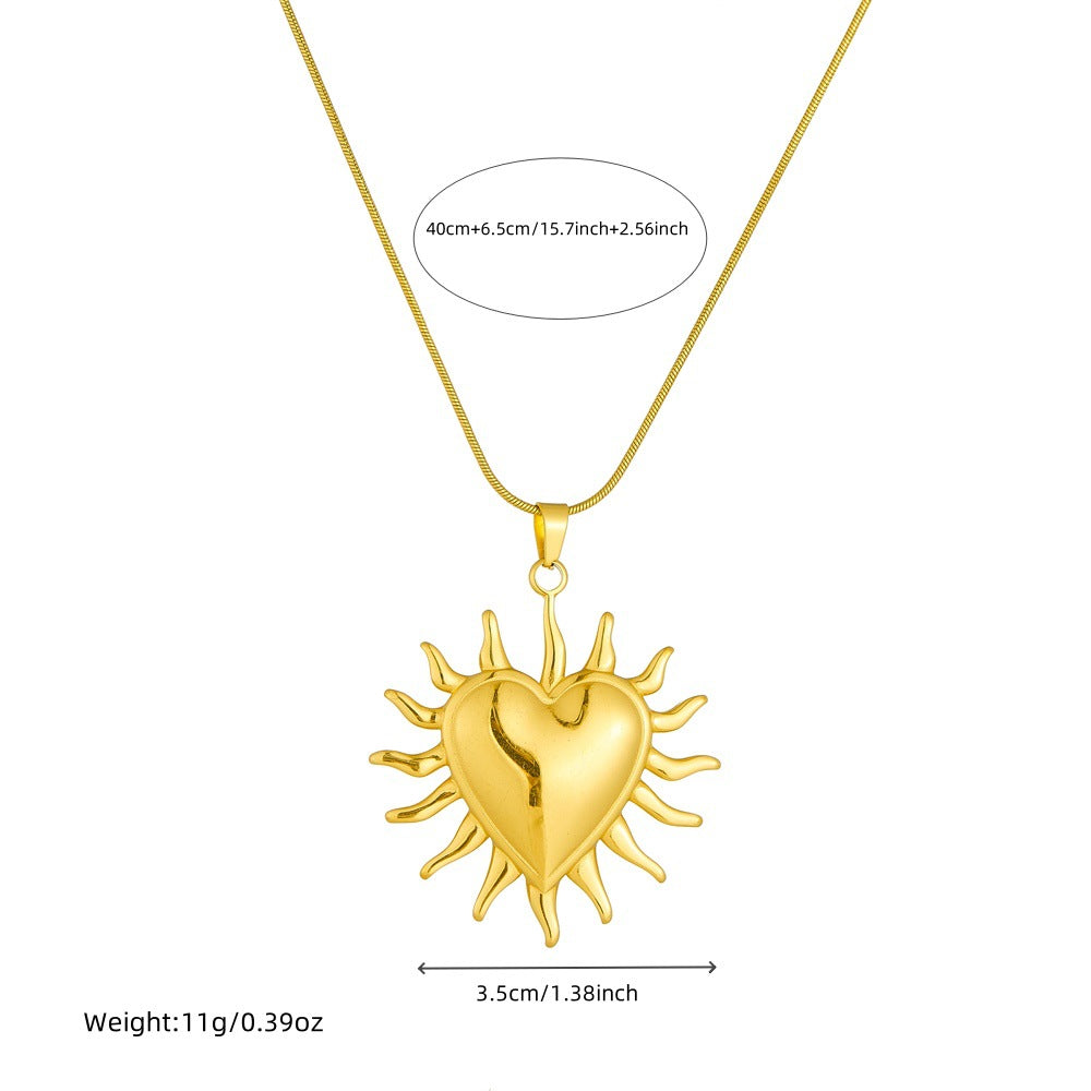 Fashionable Glossy Gold-Plated Stainless Steel Sun Heart Pendant Personality Necklace
