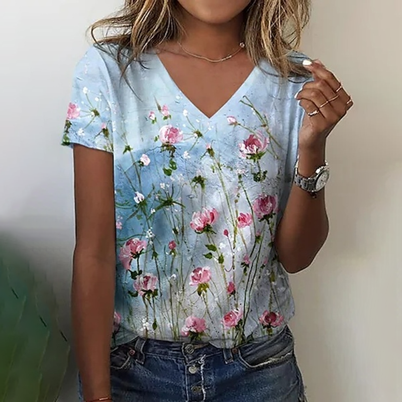 Flower Print V-Neck Short Sleeved Casual T-Shirt  artssus