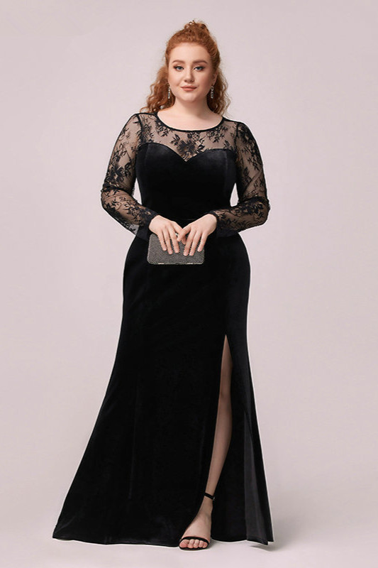 Sexy Black Long Sleeve Lace Plus Size Dress With Slit - lulusllly