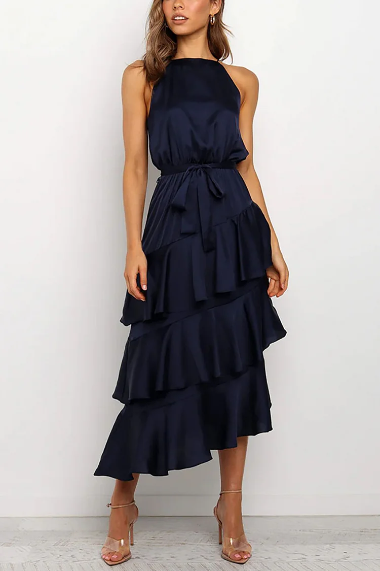 Satin Sleeveless Knotted Tied Ruffle Irregular Hem Slip Maxi Dresses