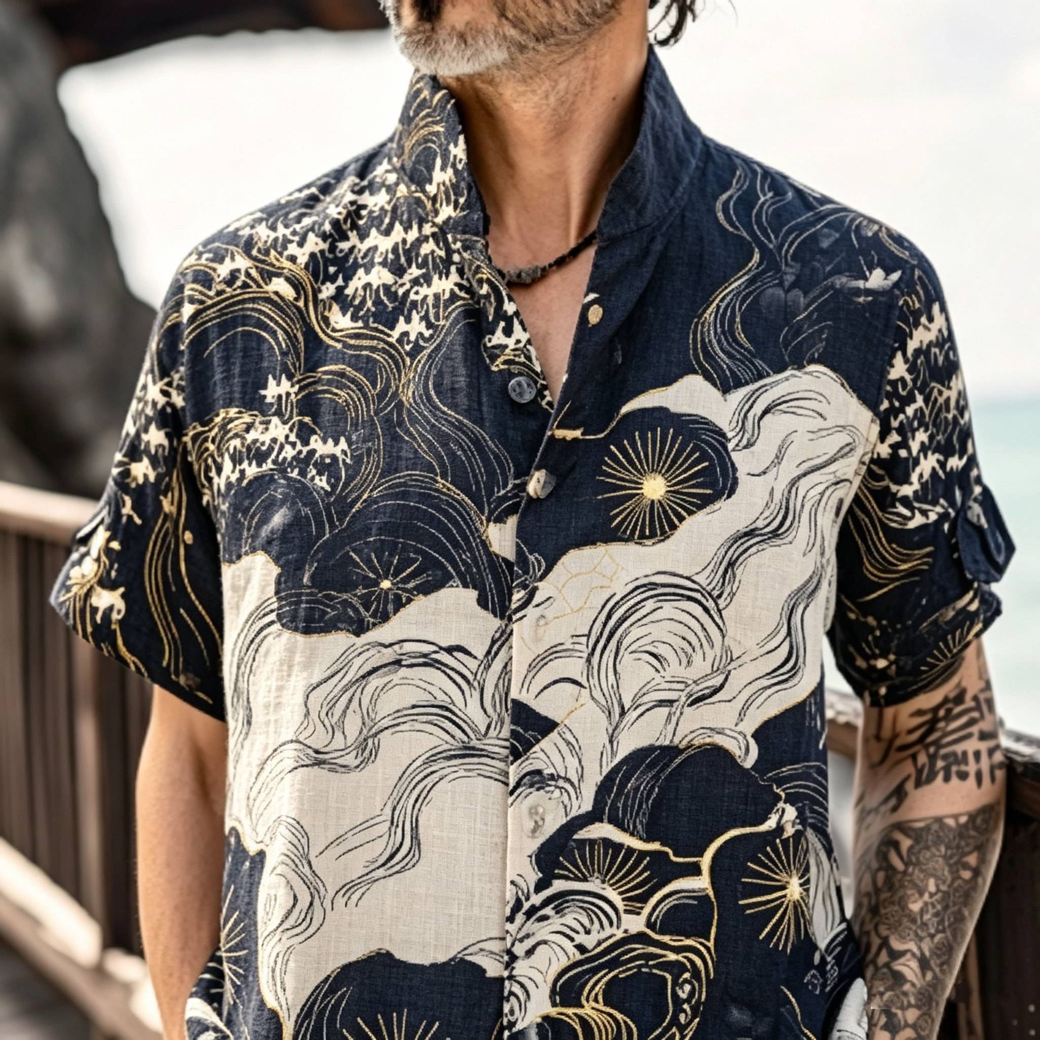 Comstylish Men's Japanese Retro Print Cotton Linen Short-sleeve Cardigan