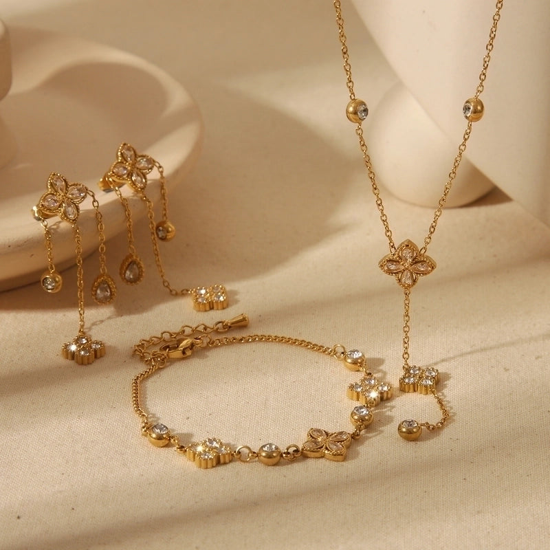 French Style Commute Four Leaf Clover Solid Color Flower 304 Stainless Steel Zircon 18K Gold Plated Inlay Bracelets Earrings Necklace