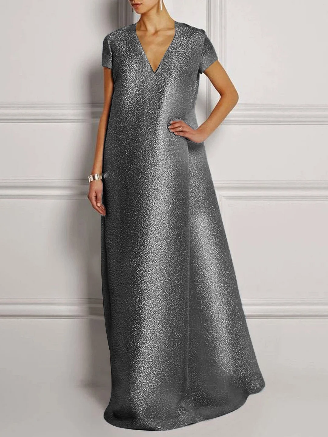Solid Silver Shift Glitter-finished Elegant Prom Maxi Dress