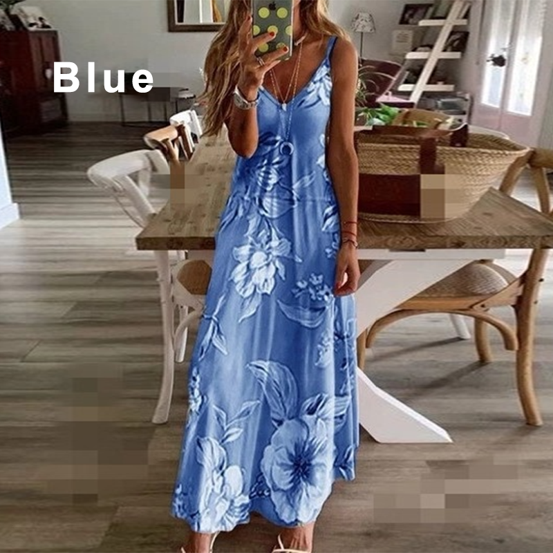 Women Spaghetti Strap Dress Summer Fashion Floral Print Boho Womens Dresses Sexy Beach Sleeveless Plus Size Female Maxi Dress