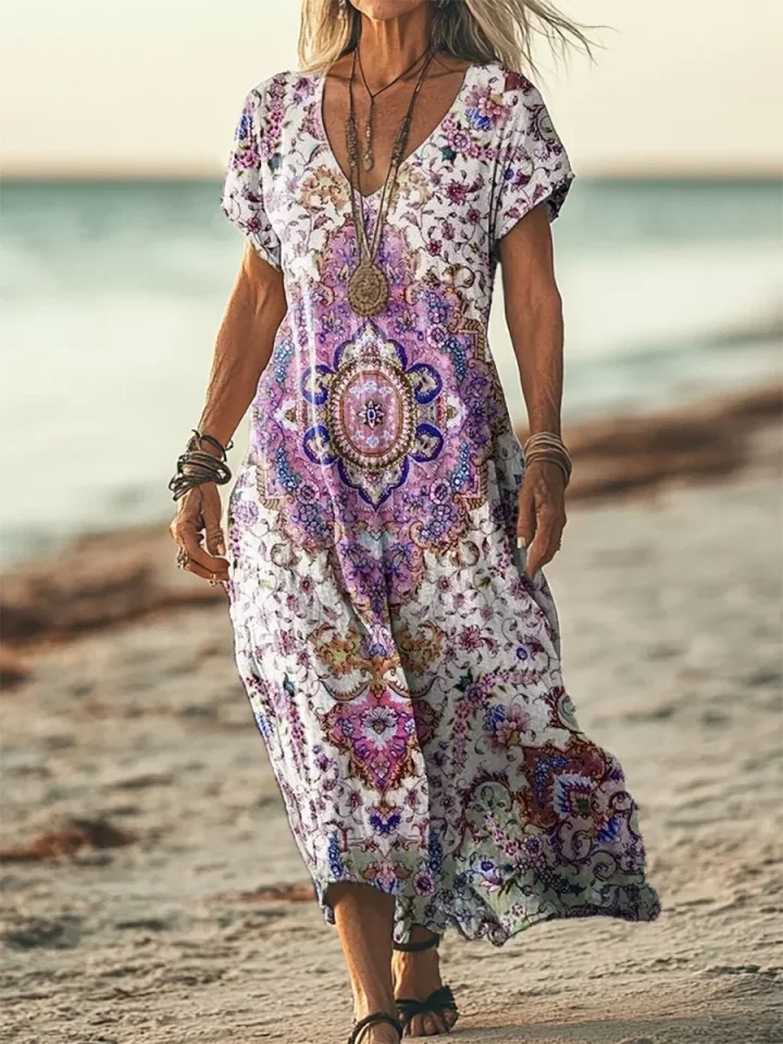 Women's Retro Art Flower Print Pocket Cotton Dress