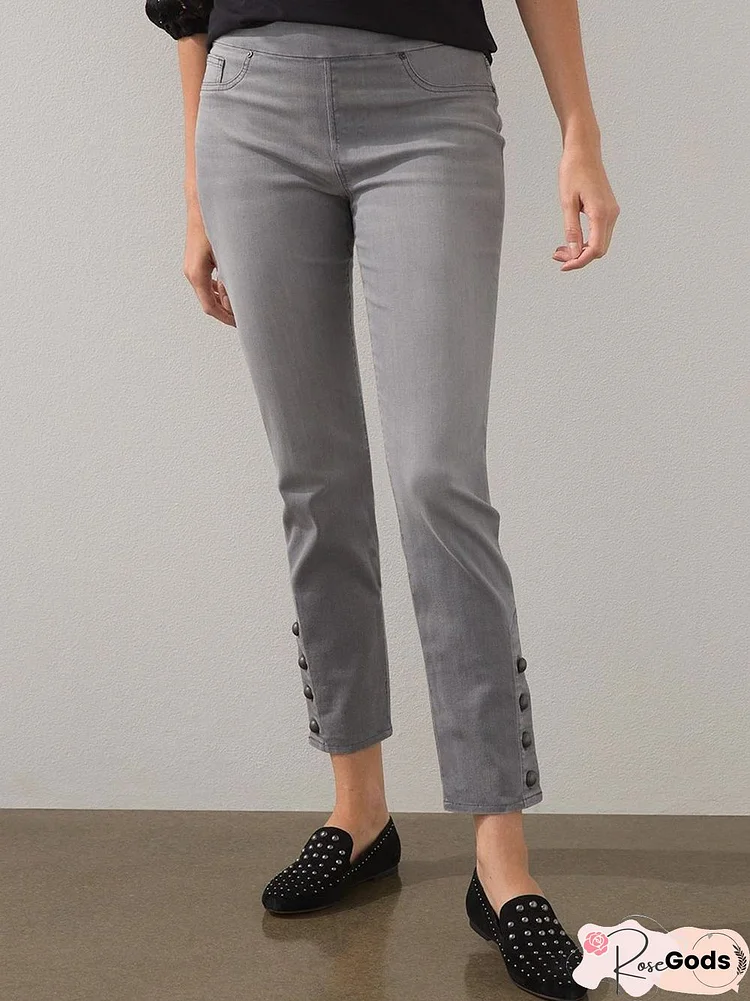 Plain Cotton-Blend Regular Fit Casual Pants