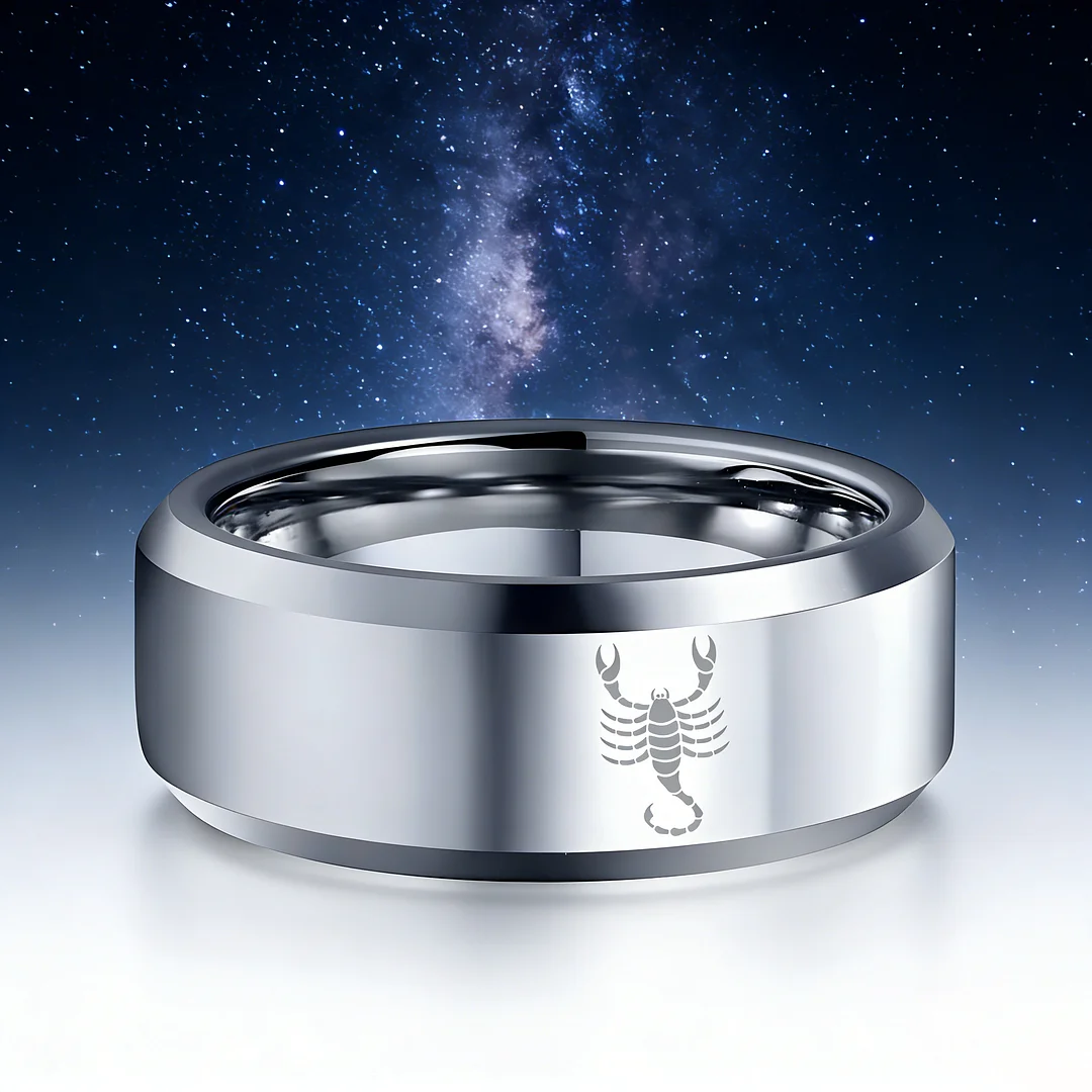 Beveled Edges Sliver Laser Etched Couple Tungsten Carbide Rings Sliver Scorpio Tungsten Wedding Bands 4MM 6MM 8MM Width