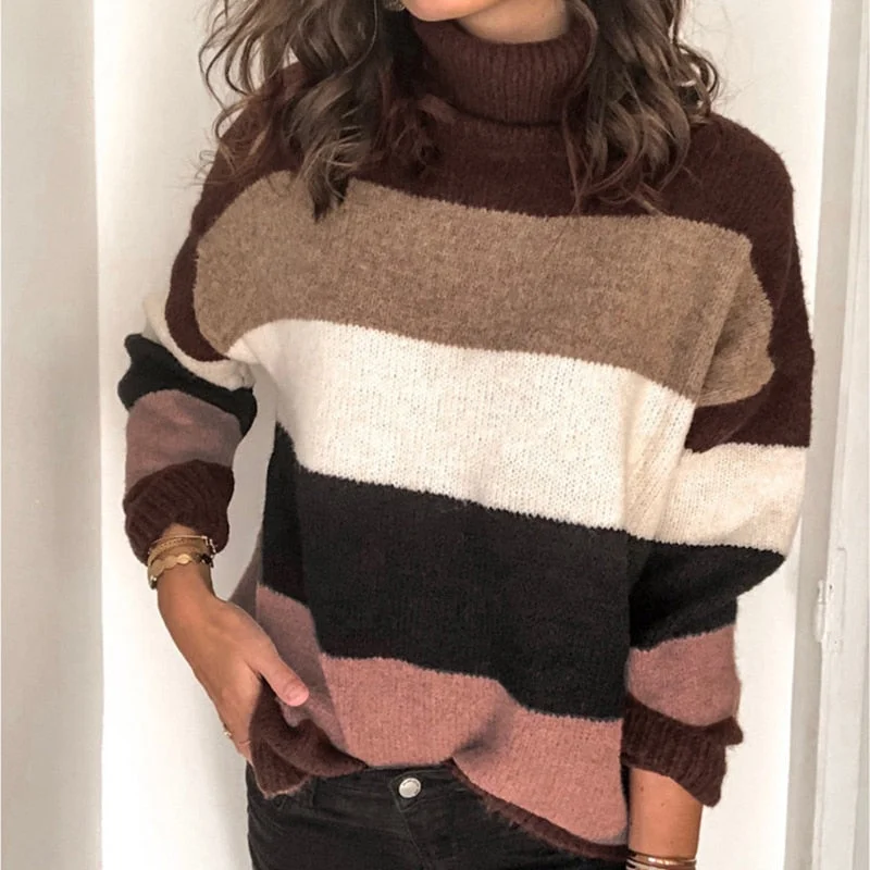 Graduation Gifts  Winter Sweater Women Women's Striped Turtleneck Stitching Inter-color Knitted Pullover Casual Sweater Fashion