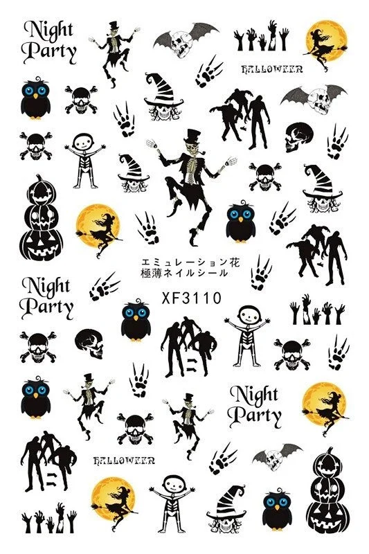 Nail Stickers Back Glue Halloween Skull Pumpkin Bat Creative Designs Nail Decal Decoration Tips For Beauty Salons-Nail Inspo