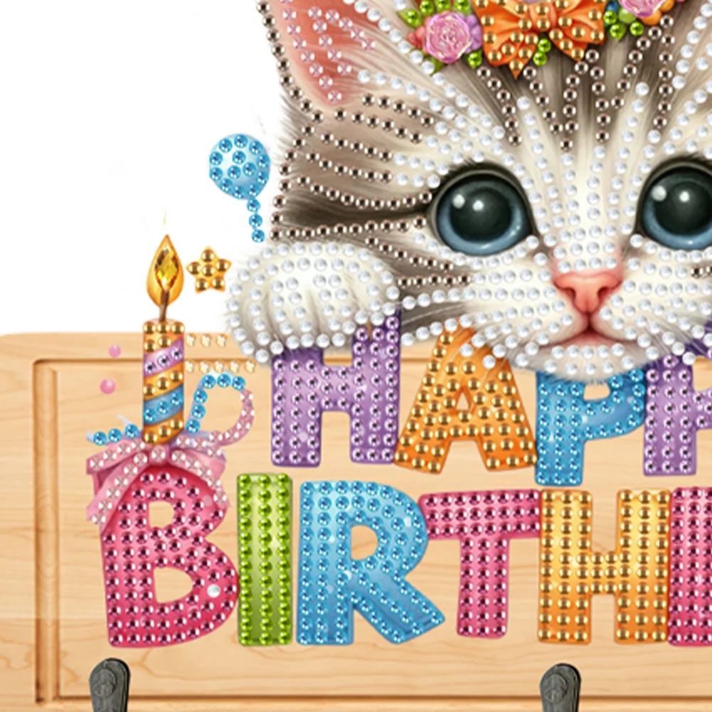 DIY Happy Birthday Cat Wooden Special Shape 3 Hooks No Punch Diamond Painting Hook Rail