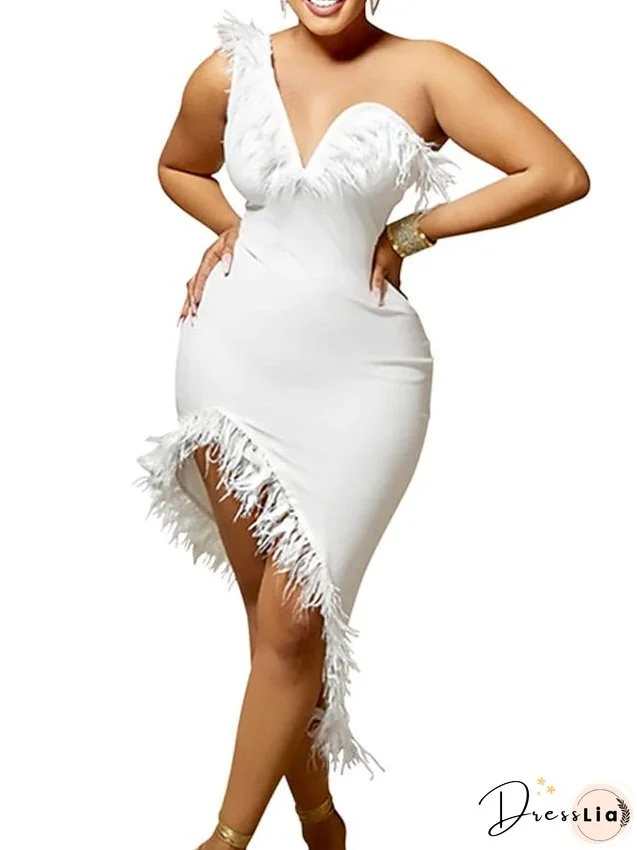 Semi Formal Party Dress Feather Dress Bodycon Midi Dress Black Blue Orange Sleeveless Pure Color Backless Winter Fall One Shoulder Slim S M L XL 2XL for Women