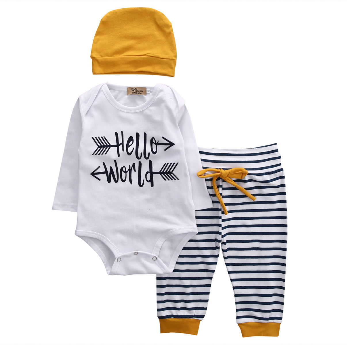 3Pcs Summer bulk Infant Baby Boy Romper Tops LONG sleeve hello world T-shirt+Pants +Beanie + Hats Outfit Set Clothes 3-18M-Mayoulove