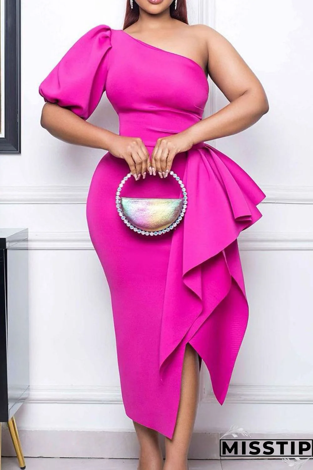 Red Elegant Solid Patchwork Flounce Asymmetrical Oblique Collar Evening Dress Dresses