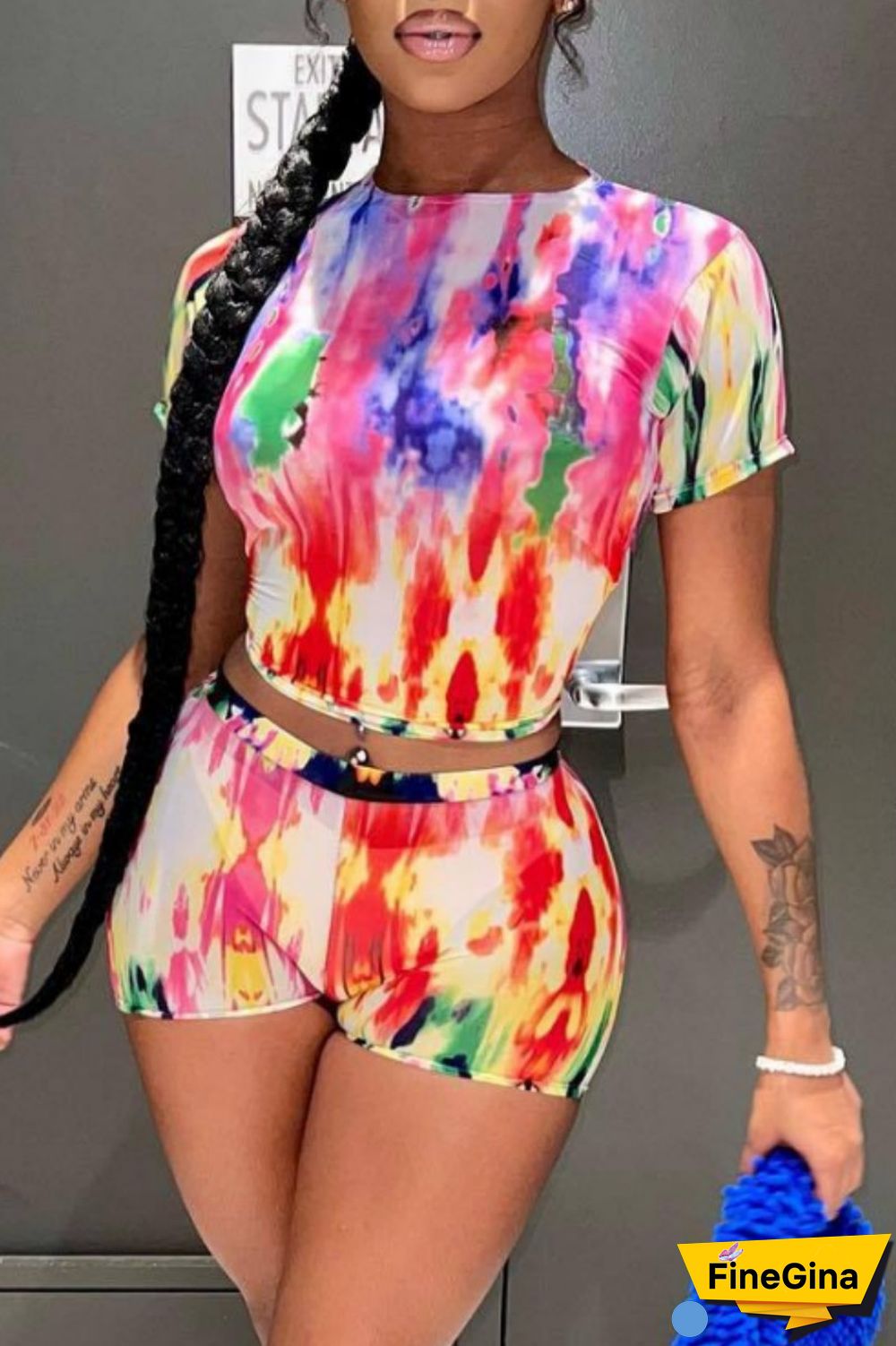 Red Casual Print Basic O Neck Short Sleeve Two Pieces