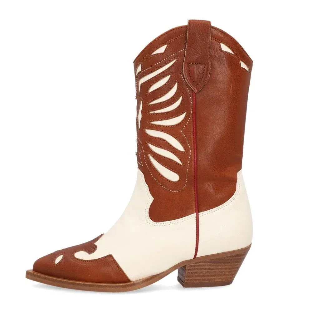 Brown & Ivory Pointed Toe Heart Stitching Western Boots For Women