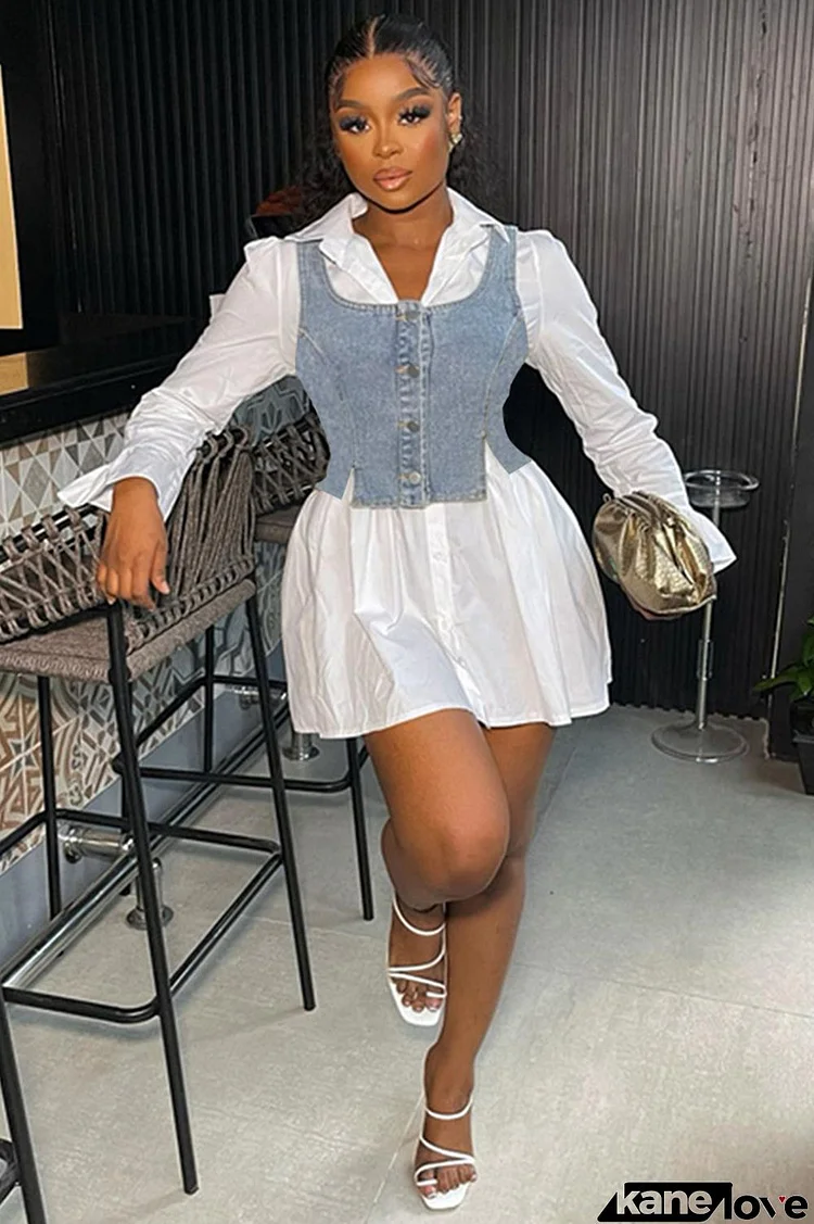 Denim Sleeveless Crop Vest Flare Sleeve White Blouse Mini Dress Two-Piece Set