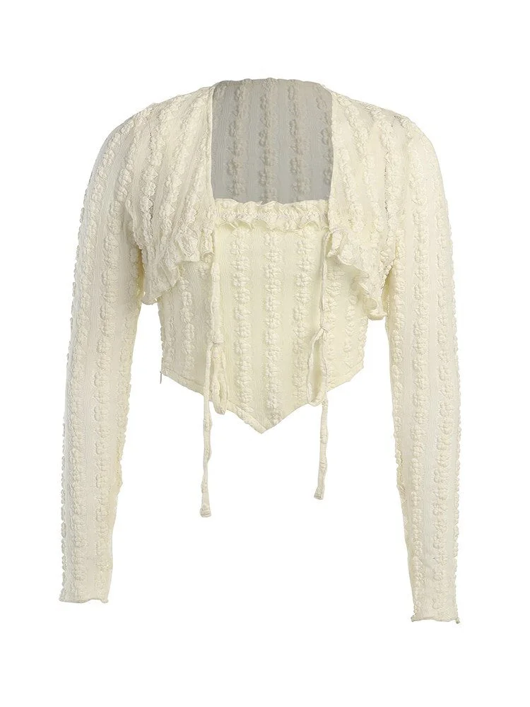 WannaThis Women Two Pieces Set Casual Sexy Floral Jacquard Long Sleeve Irregular Corset Korean Fashion Cami Streetwear 2022 Tops