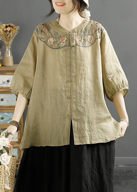 Chinese Style Khaki Embroideried Linen Shirt Tops Lantern Sleeve