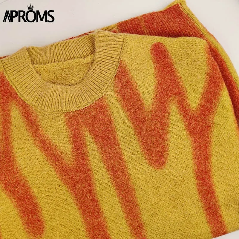 Aproms Elegant Green Striped Print Oversized Pullovers Women Winter O-Neck Loose Long Sweaters Streetwear Warm Outerwear 2021