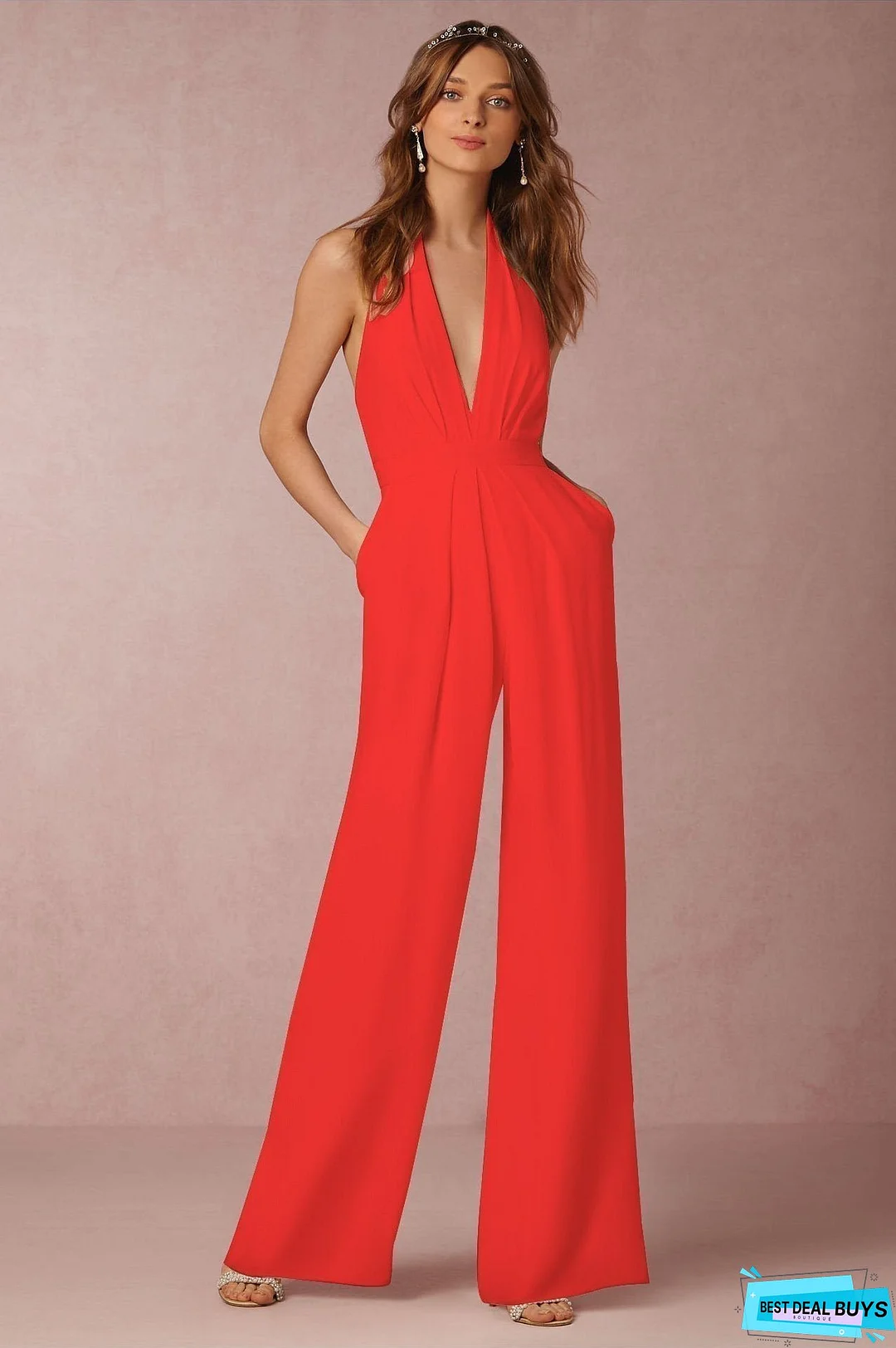 Solid Color Halter Wide Leg Pants Jumpsuit