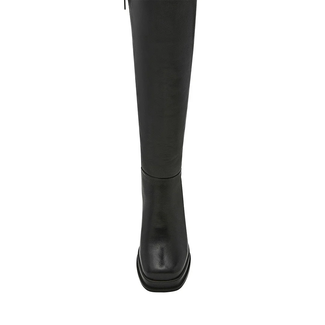 Black Square Toe Block Heel Knee High Side Zipper Platform Boots