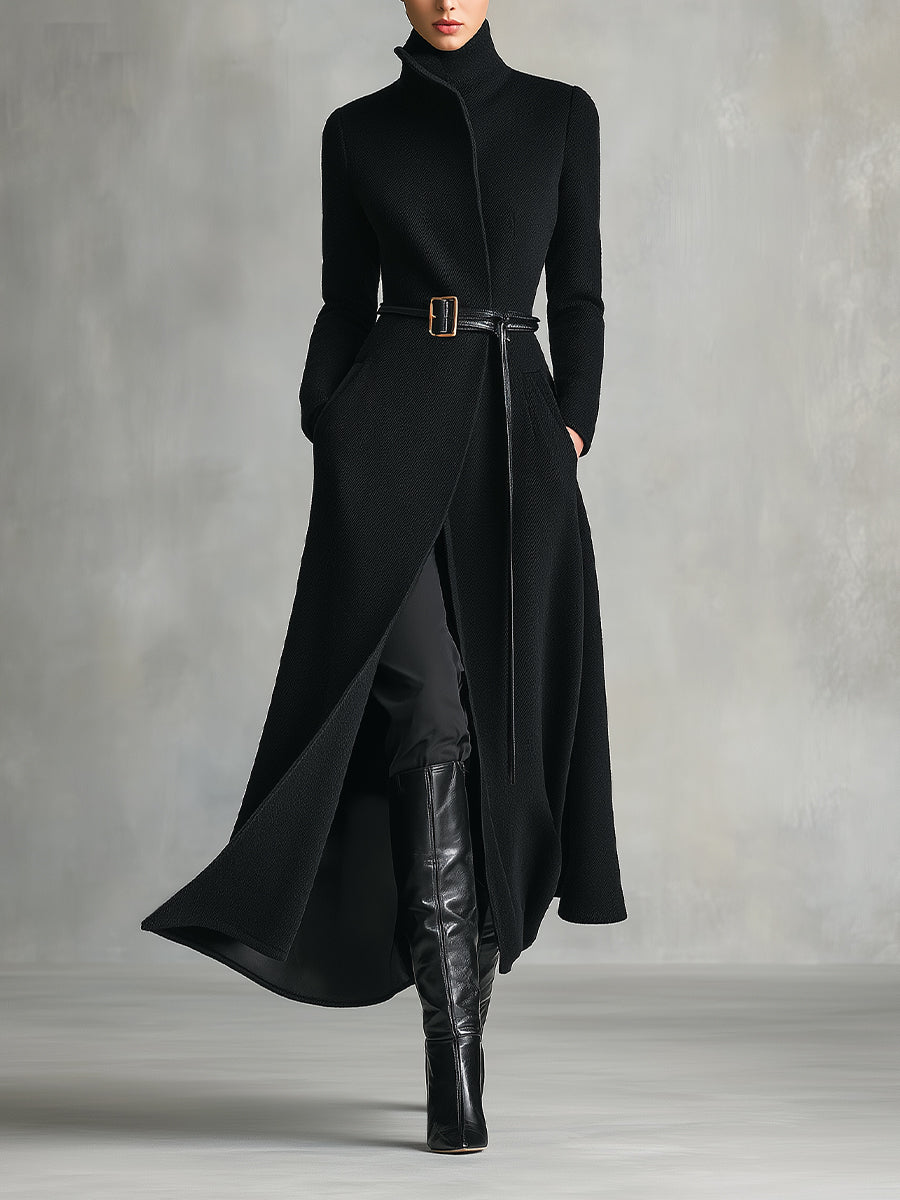 Women's Black Elegant Wool - Blend Turtleneck Belted Maxi Coat (without belt) MDA2807H5I