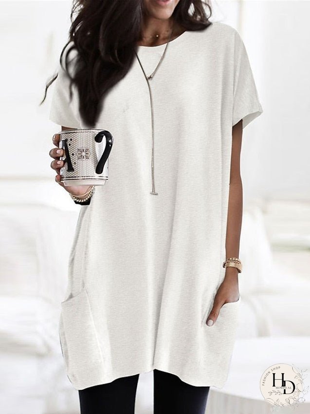 Casual Dress T Shirt Dress Tee Dress Shift Dress Mini Dress Black White Pink Short Sleeve Pure Color Pocket Summer Spring Crew Neck Classic Loose Fit S M L XL XXL for Women