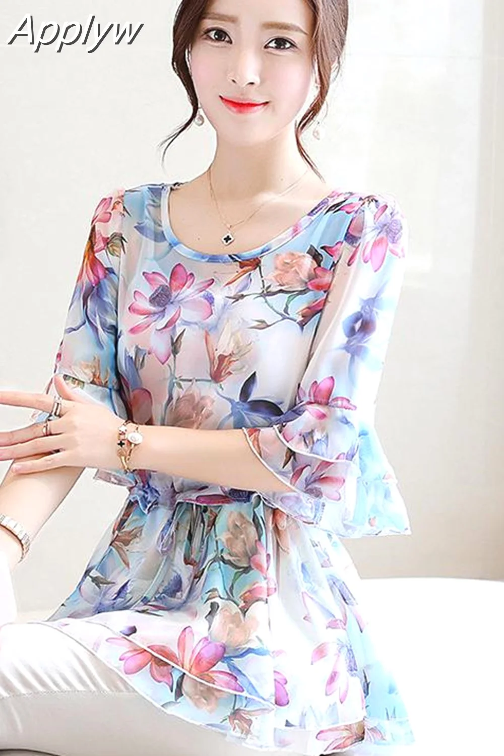 Applyw Chiffon Printed Tunic Blouses Women Flare Sleeve O-neck Ruffles Pullovers Tops Korean Casual Elegant Blusas