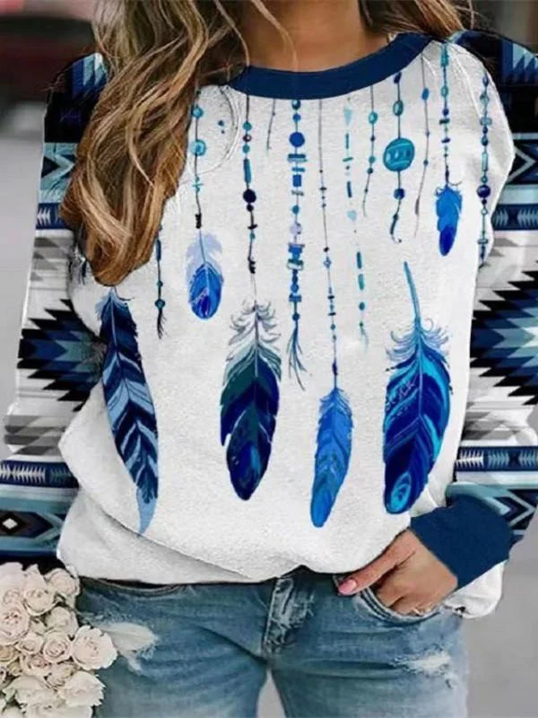 Women Long Sleeve Scoop Neck Floral Printed Graphic Top