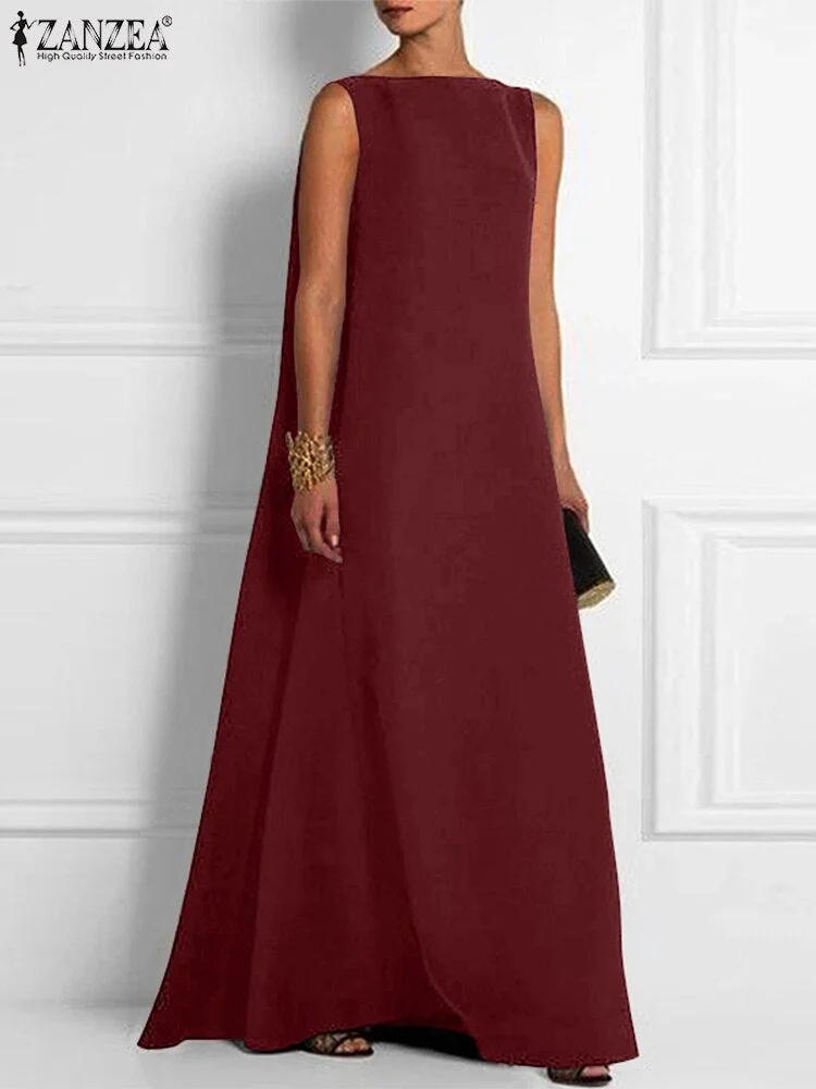 ZANZEA Elegant Summer Sleeveless Backless Party Sundress Fashion Women Solid Maxi Long Dress Robe Casual Loose Vestidos Sarafans