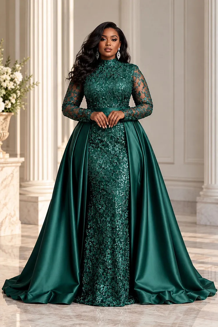 Xpluswear Design Plus Size Formal Satin Green Round Neck Long Sleeve With&nbsp;Skirt&nbsp;Overlay Sequin Maxi Dresses [Pre-Order] 2024 - Xpluswear