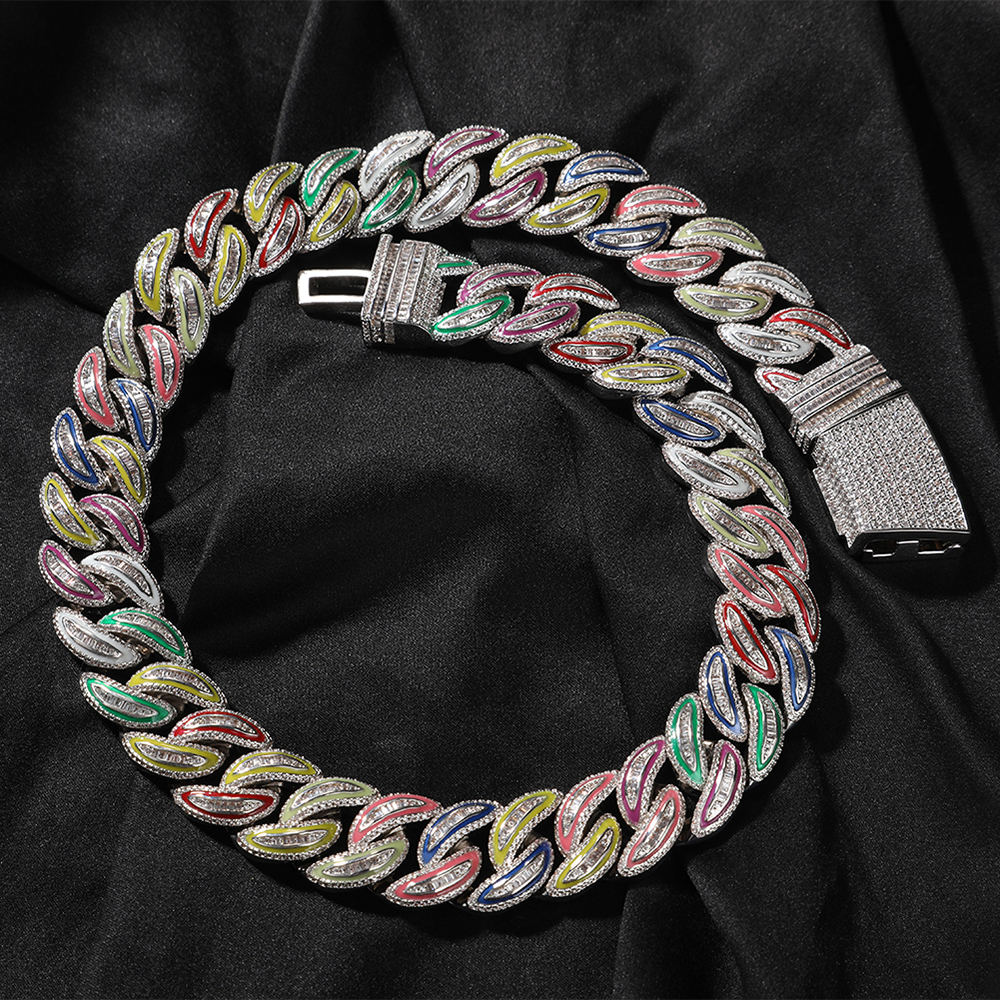 20MM Zircon Hip Hop Colorful Luminous Silver Plated 20 inch Cuban Link Chains